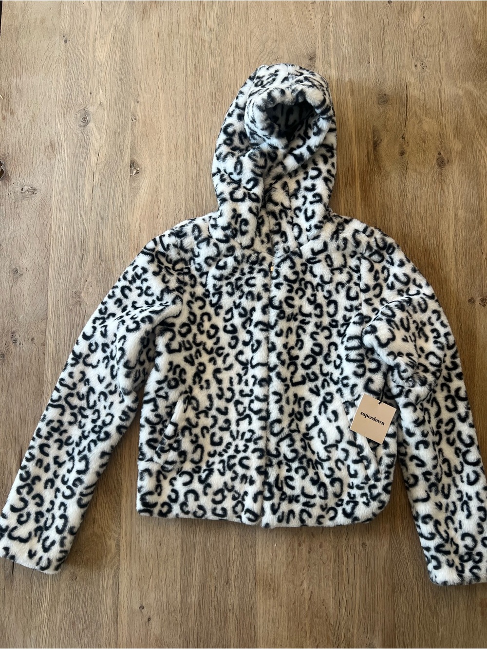 Superdown Natalia White Leopard Faux Fur Hoodie Jacket XS NWT